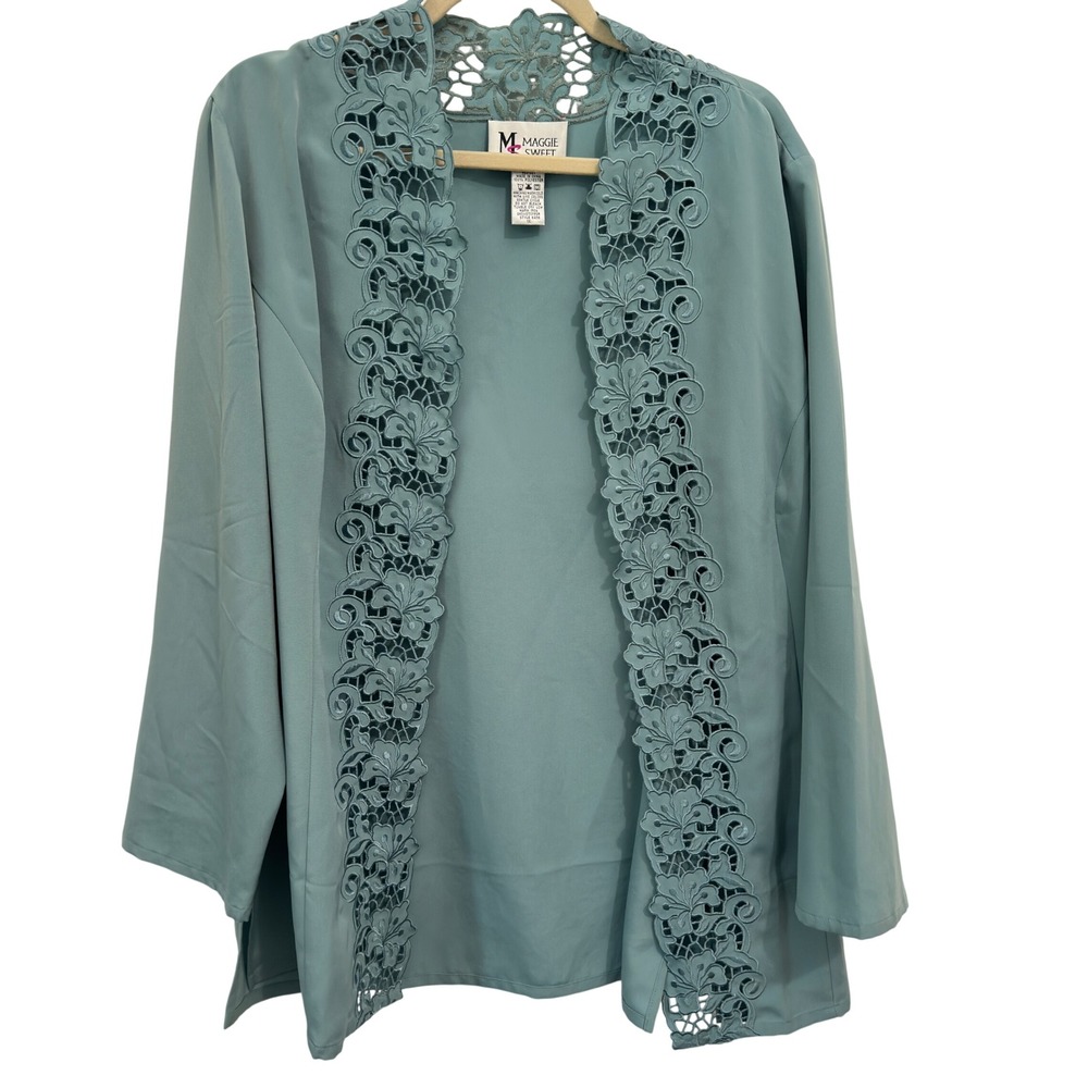 Maggie Sweet Cardigan Jacket 1X Teal Blue‎ Polyester Lace Trim Open Front 1X